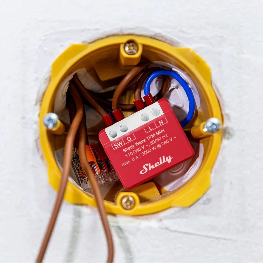 Pametni rele Shelly Wave 1PM Mini LR, brezžični, 110-240V AC, rdeč