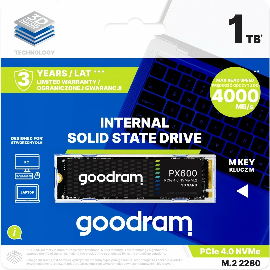 SSD 1 TB M.2 2280, PCIe 4x4 NVMe, GOODRAM PX600