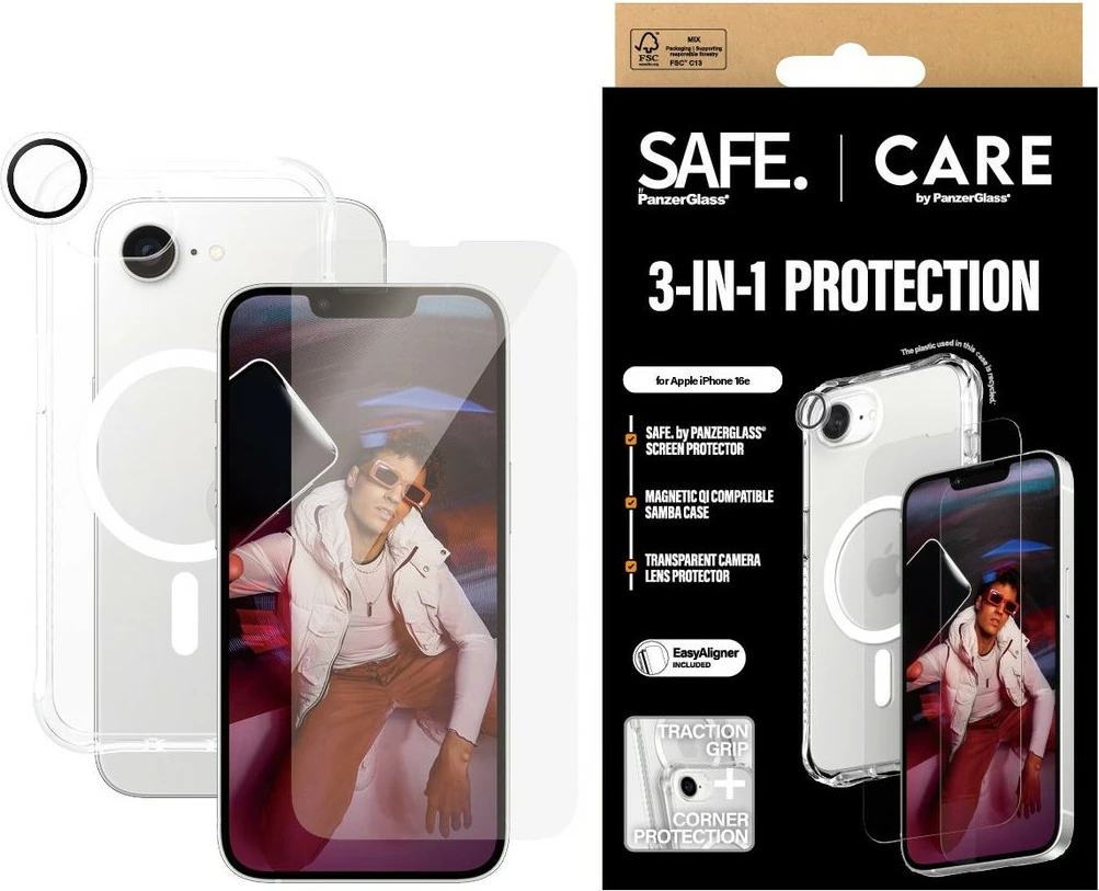 Prozoren ovitek PanzerGlass za iPhone 16e, paket 3‑v‑1