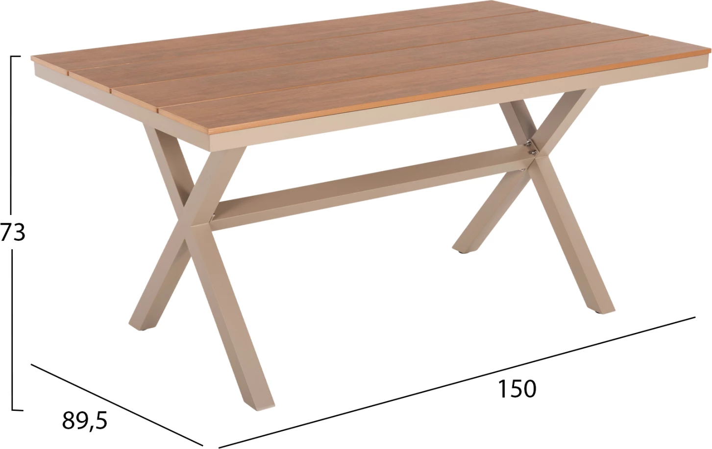 Aluminijasta pravokotna miza TAWNEE FH6037.04 barva šampanjca-poliles v naravni barvi lesa 150x89,5x73H