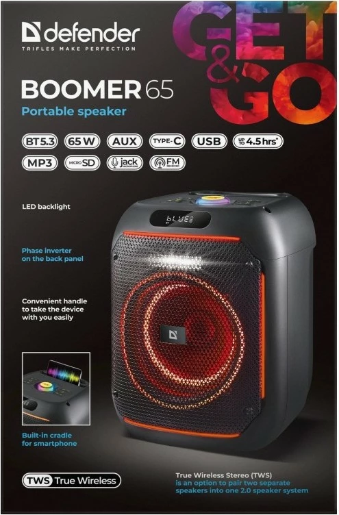 Prenosni zvočnik Defender Boomer, 65 W, Bluetooth, LED, črn