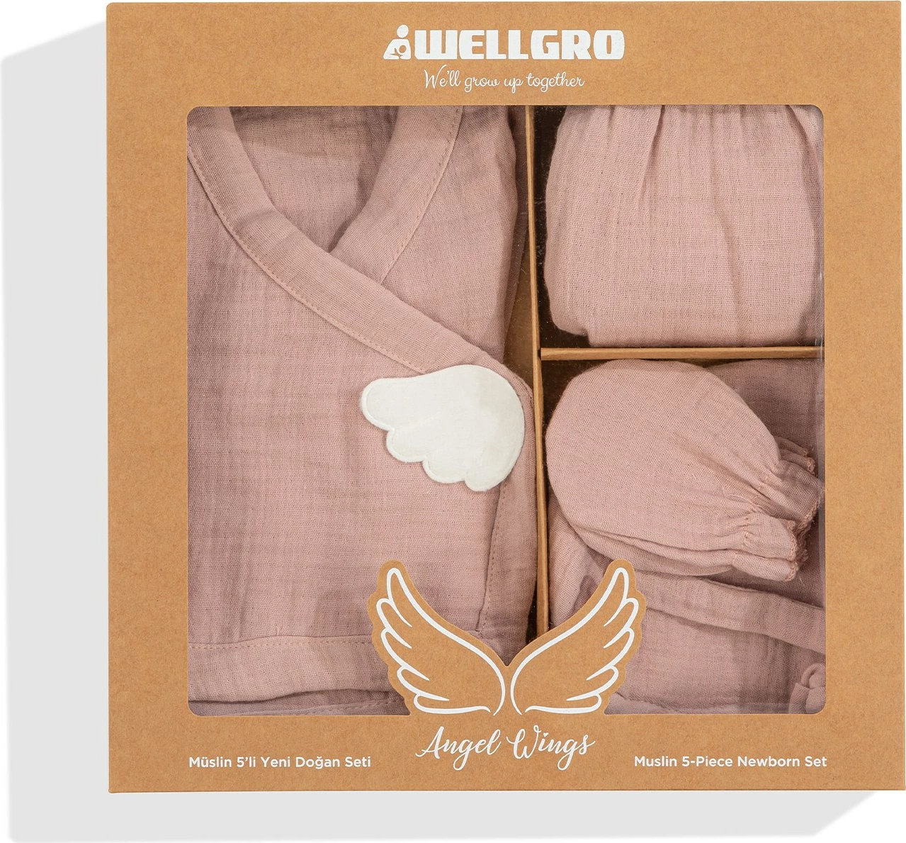 Komplet za novorojenčka (5 kosov), angelova krila, Evila Originals, rožnat