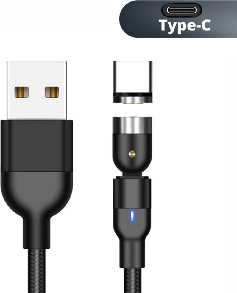Magnetni kabel USB-A na USB-C, Maclean MCE475, 2 m, koten z vrtljivim konektorjem, črn