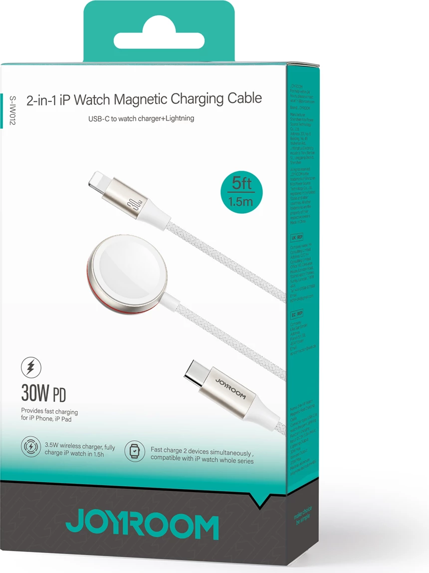 Induktivni 2-v-1 kabel in polnilec Joyroom S-IW012, Lightning + za Apple Watch, 1,5 m, bel