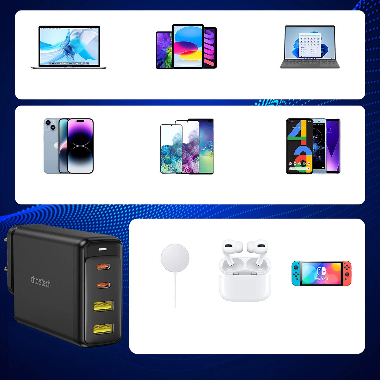 Stenski polnilec Choetech PD6005, 140 W, 4 vrata (2x USB-C, 2x USB), črn