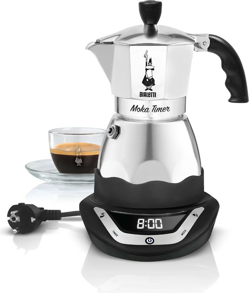Električna moka Bialetti Moka Timer, 3 skodelice, aluminij, LED, črna/srebrna