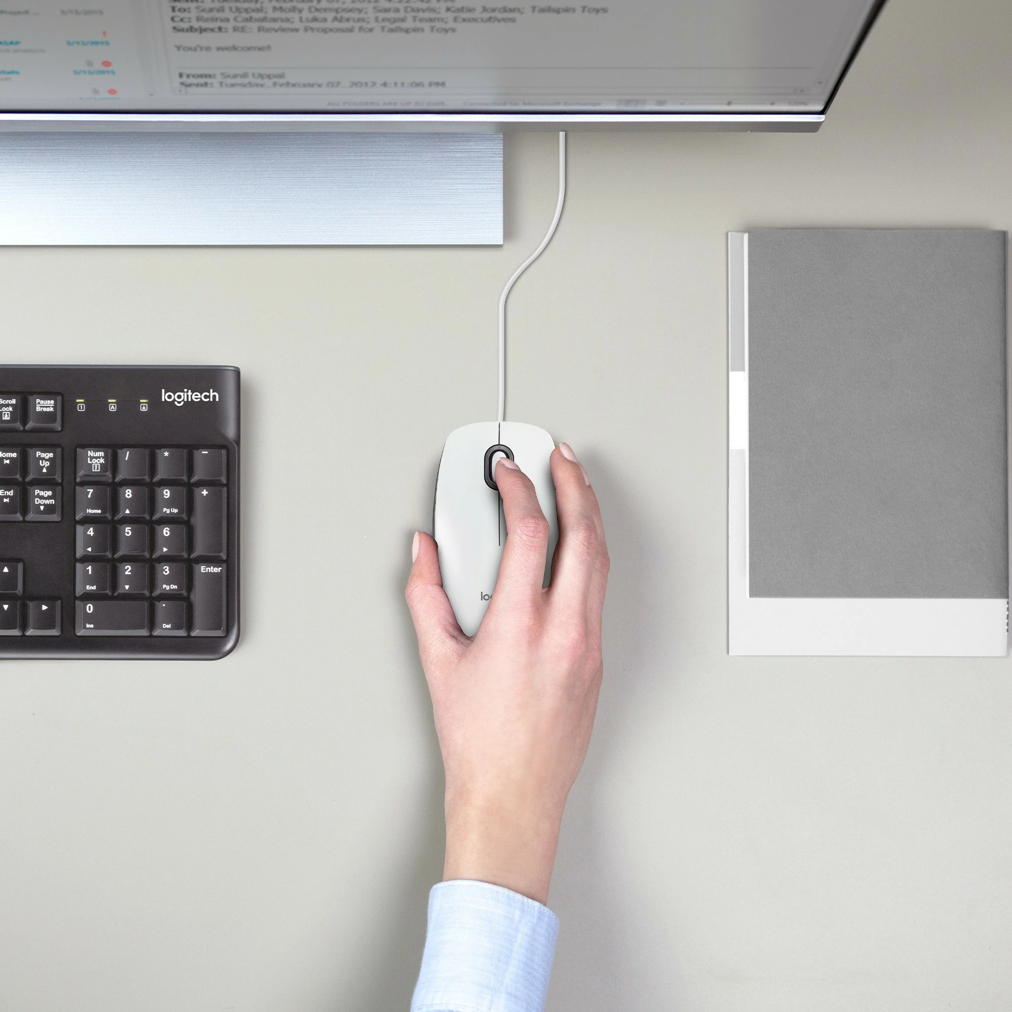 Optični miš, Logitech M100, ambidextrous, USB Type-A, 1000 DPI, bel