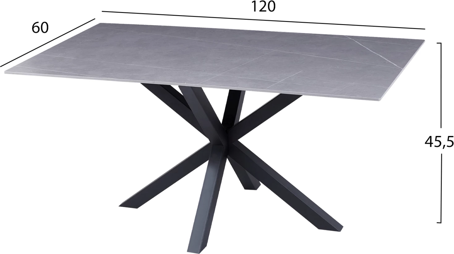 Klubska miza FH9470.05 s sivo marmorno sintrano kamnito ploščo in črno kovinsko osnovo 120x60x45,5 cm