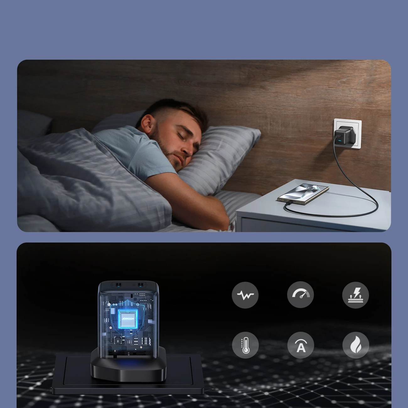 Stenski polnilec 45 W, 2x USB-C, brez kabla, črn — Joyroom JR-TCG17, vtič UK