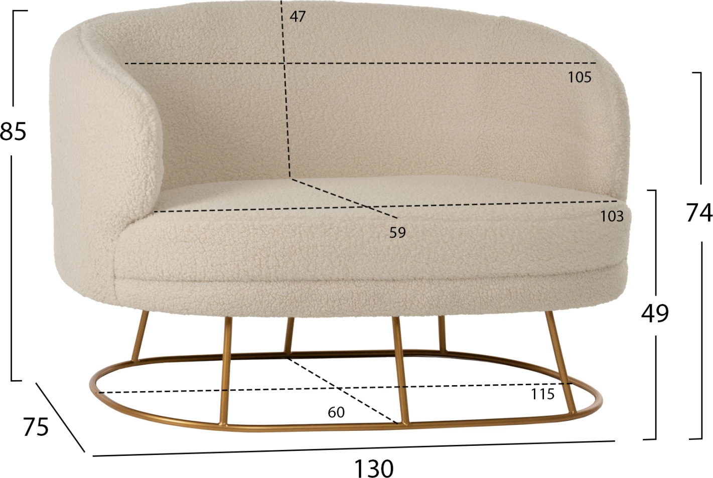 Dvosedna sedežna garnitura ARIEN FH8492.20 iz ecru boucle tkanine in z zlato kovinsko osnovo 130x75x85H cm