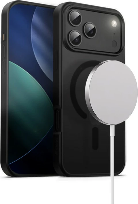 Ovitek za telefon Hybrid Frost MAG Cover CRONG za iPhone 17 Pro Max, MagSafe, 37 magnetov N52, polikarbonat, črn