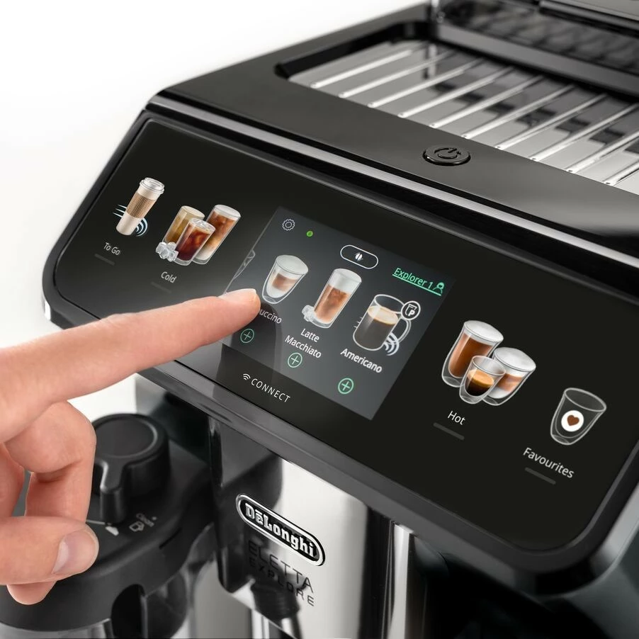 Popolnoma avtomatski aparat za espresso De’Longhi Eletta Explore, 1,8 L, kavna zrna, mleta kava, vgrajen mlinček, 1450 W, siv