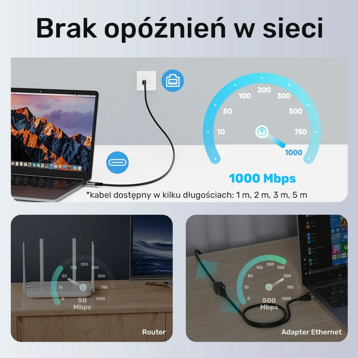 Ethernet kabel USB-C na RJ-45 Unitek, 5 m, črno-srebrn