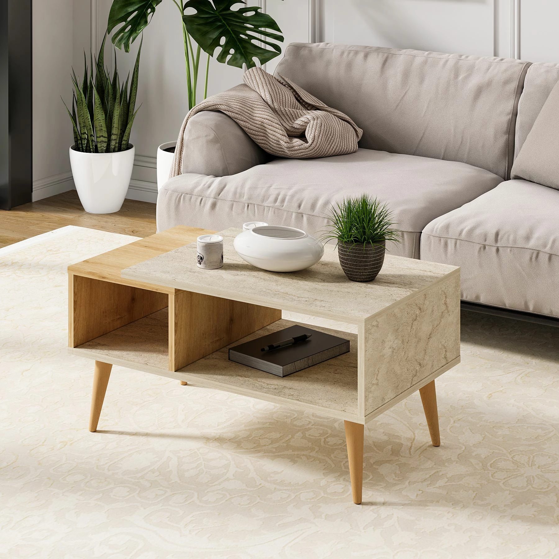 Kavna mizica Skye Decor Austin, travertin, hrast safir