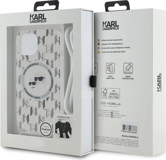 Prozoren ovoj z monogramom Karl & Choupette MagSafe za iPhone 15/14/13, Karl Lagerfeld IML Crossbody