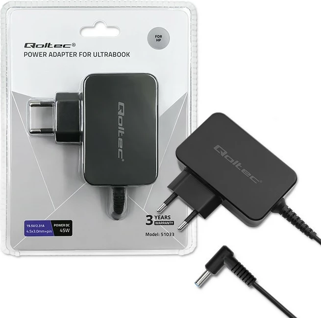 Adapter za napajanje za ultrabook Qoltec 51033, 45 W, 19,5 V, 2,31 A, 4,5x3,0+pin, črn
