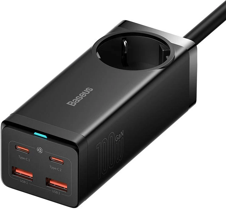 Polnilnik Baseus GaN3 Pro, 100 W, 2x USB-C + 2x USB-A, AC vtič, črn