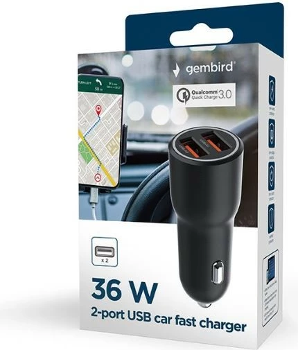 Avtomobilski polnilec 2x USB-A QC3.0, 36W, črn Gembird TA-UC-A2QC36-CAR-01