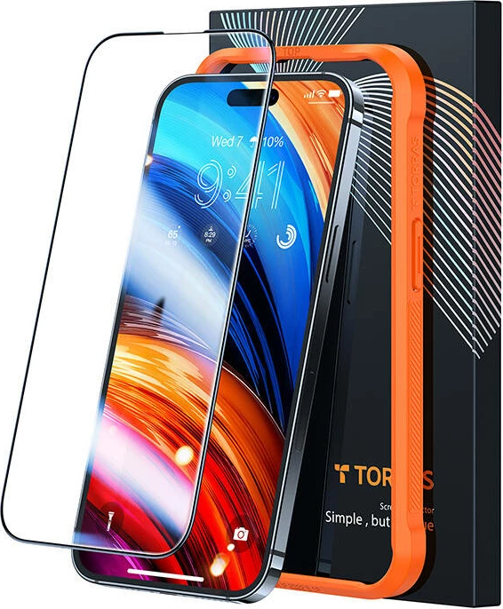 Kaljeno zaščitno steklo Torras InstaII Master za iPhone 15, z montažnim okvirjem