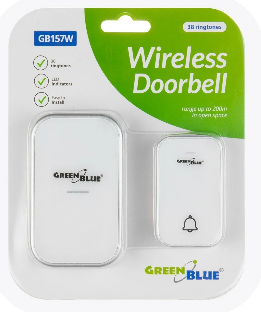 Brezžični zvonec za vrata GreenBlue GB157W, 38 melodij, bel