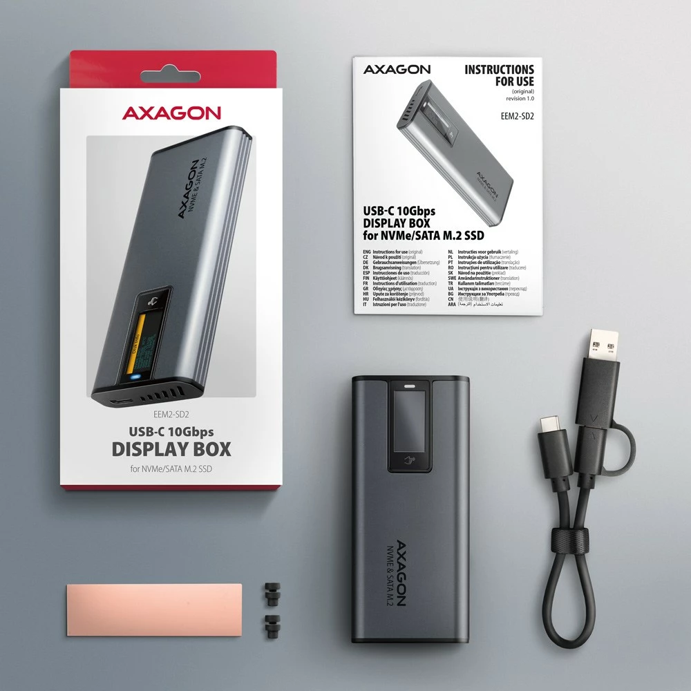 Zunanje računalniško ohišje za SSD AXAGON EEM2-SD2, M.2 NVMe/SATA, USB-A/C 3.2 Gen2, LCD zaslon, sivo