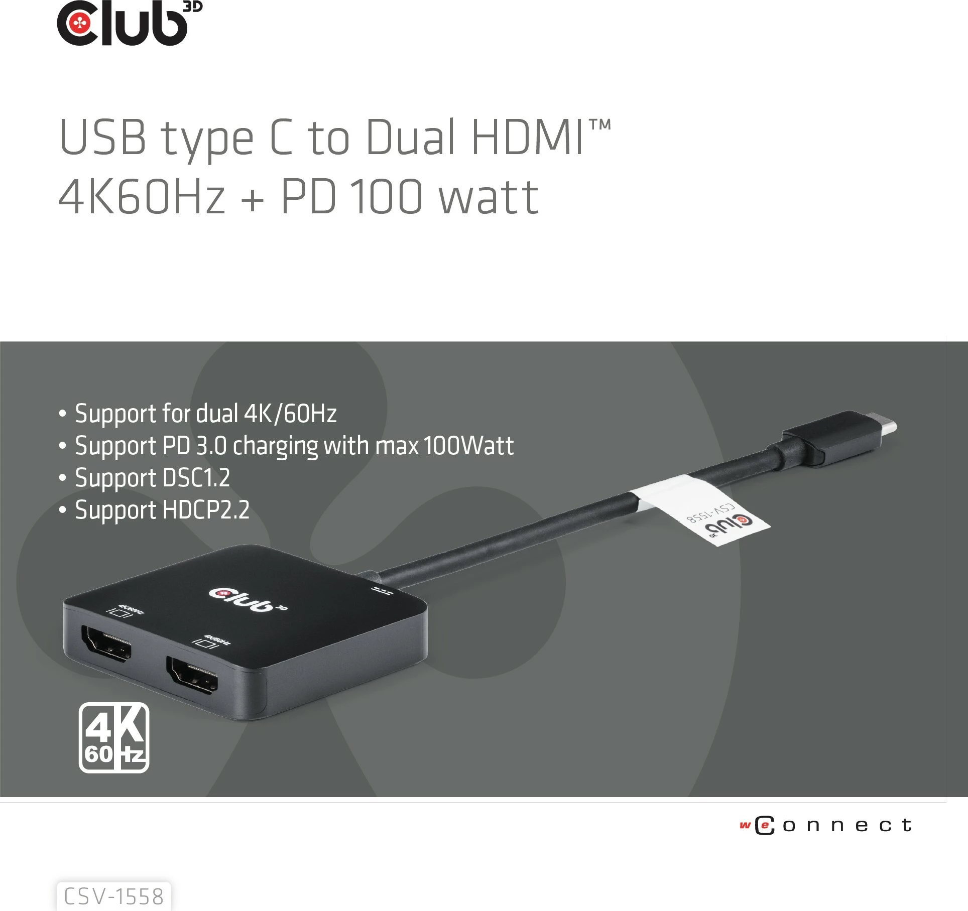 Adapter USB Type-C na 2x HDMI, 4K60Hz, 100W PD, Club3D, črn