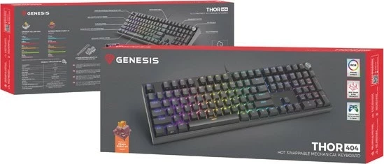 Mehanska tipkovnica, Genesis Thor 404, Outemu Peach Silent, RGB, polna velikost, črna
