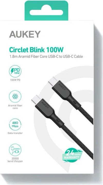 Kabel USB-C na USB-C, 1,8 m, 100 W, Kevlar, črn — AUKEY CB-KCC102