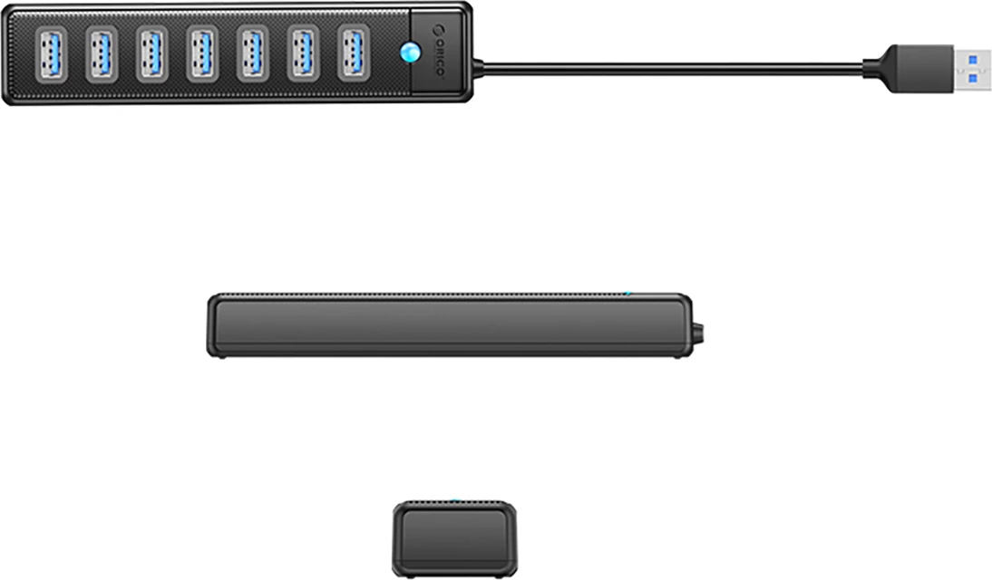 USB razširitveni hub Orico PW7U-U3, 7× USB-A 3.0 + USB-C, 1 m, črn