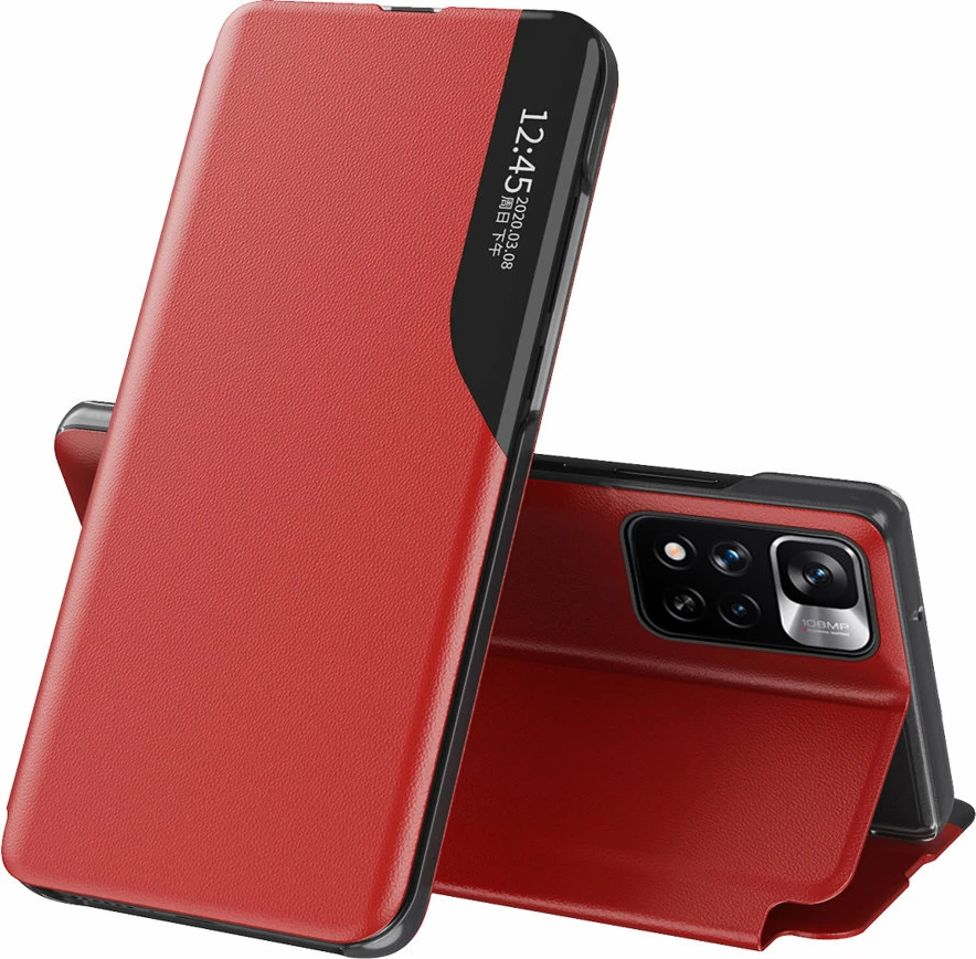 Ovitek z vidnim oknom, pokrovom in stojalom Hurtel Eco Leather View Case, za Poco M4 Pro 5G, Redmi Note 11S 5G, Redmi Note 11T 5G, rdeč