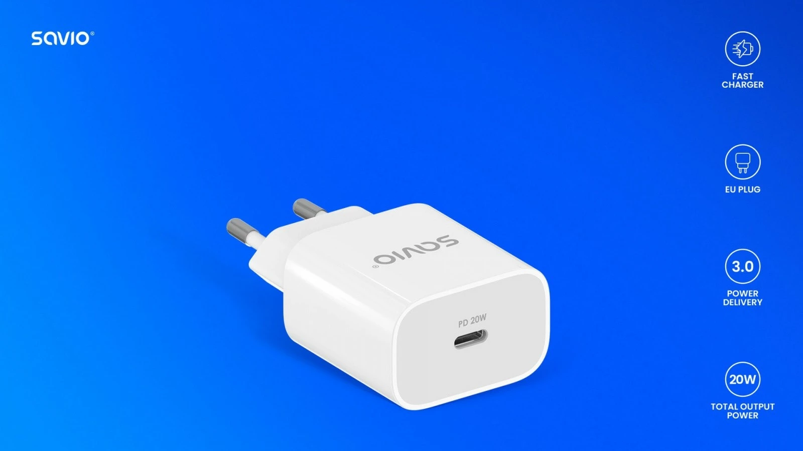 Stenski polnilnik 20 W, USB-C, bel, Savio LA-09