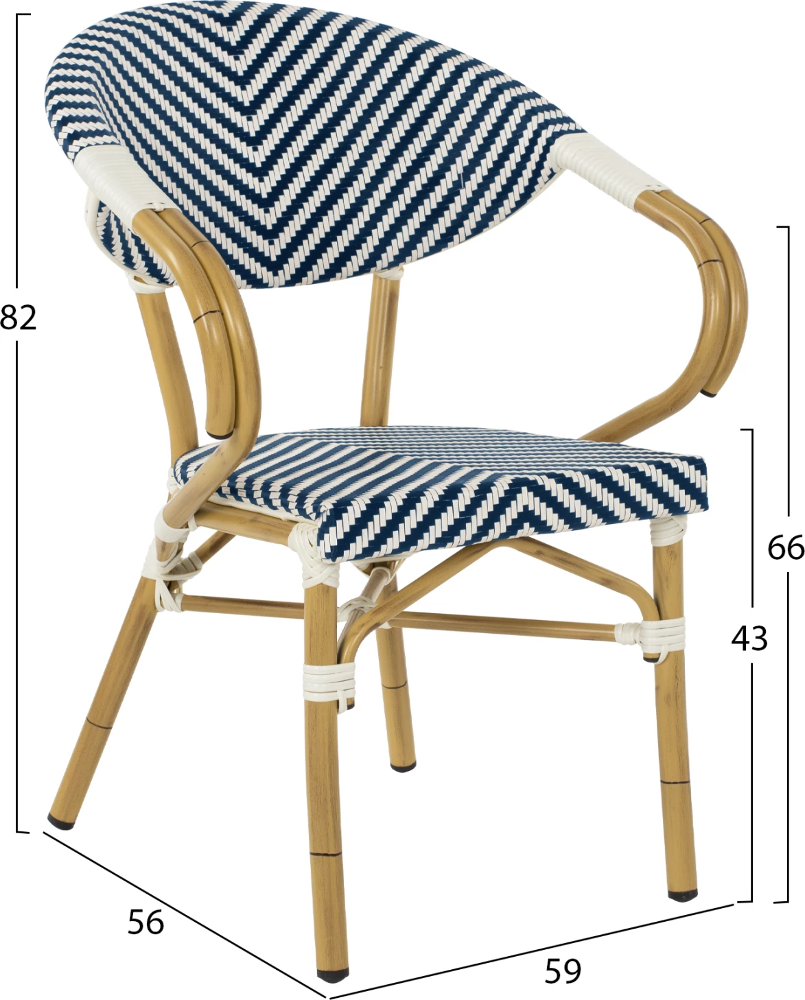 Stol iz aluminija FH5861.02 videz bambusa modro-bela 59x56x82H cm