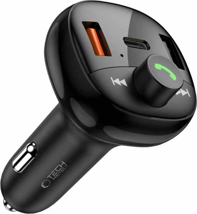 Avto polnilec s 3 vrati, FM oddajnik z Bluetooth, Tech-Protect CC06, črn