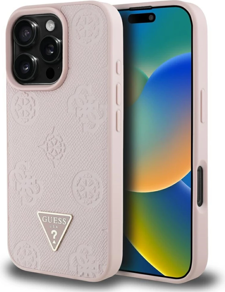 Zaščitni ovitek z motivom Peony in logotipom Guess, MagSafe za iPhone 16 Pro, roza