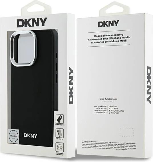 Ovitek za telefon MagSafe s srebrnim logotipom DKNY za iPhone 16 Pro, črn