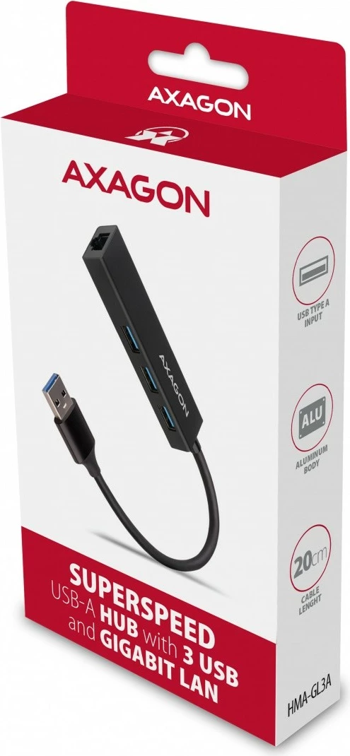 Multiport USB hub, 4 v 1, 5 Gbps, 3x USB-A + Gigabit LAN, aluminij, USB-A kabel 20 cm, črn - AXAGON HMA-GL3A