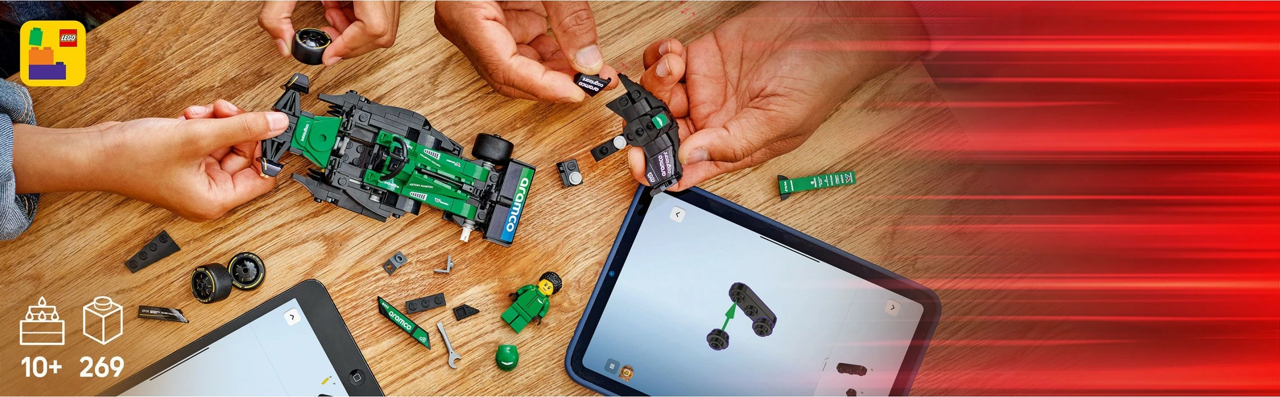 Model dirkalnega avtomobila Aston Martin Aramco F1 AMR24, komplet LEGO, 269 kosov, večbarven