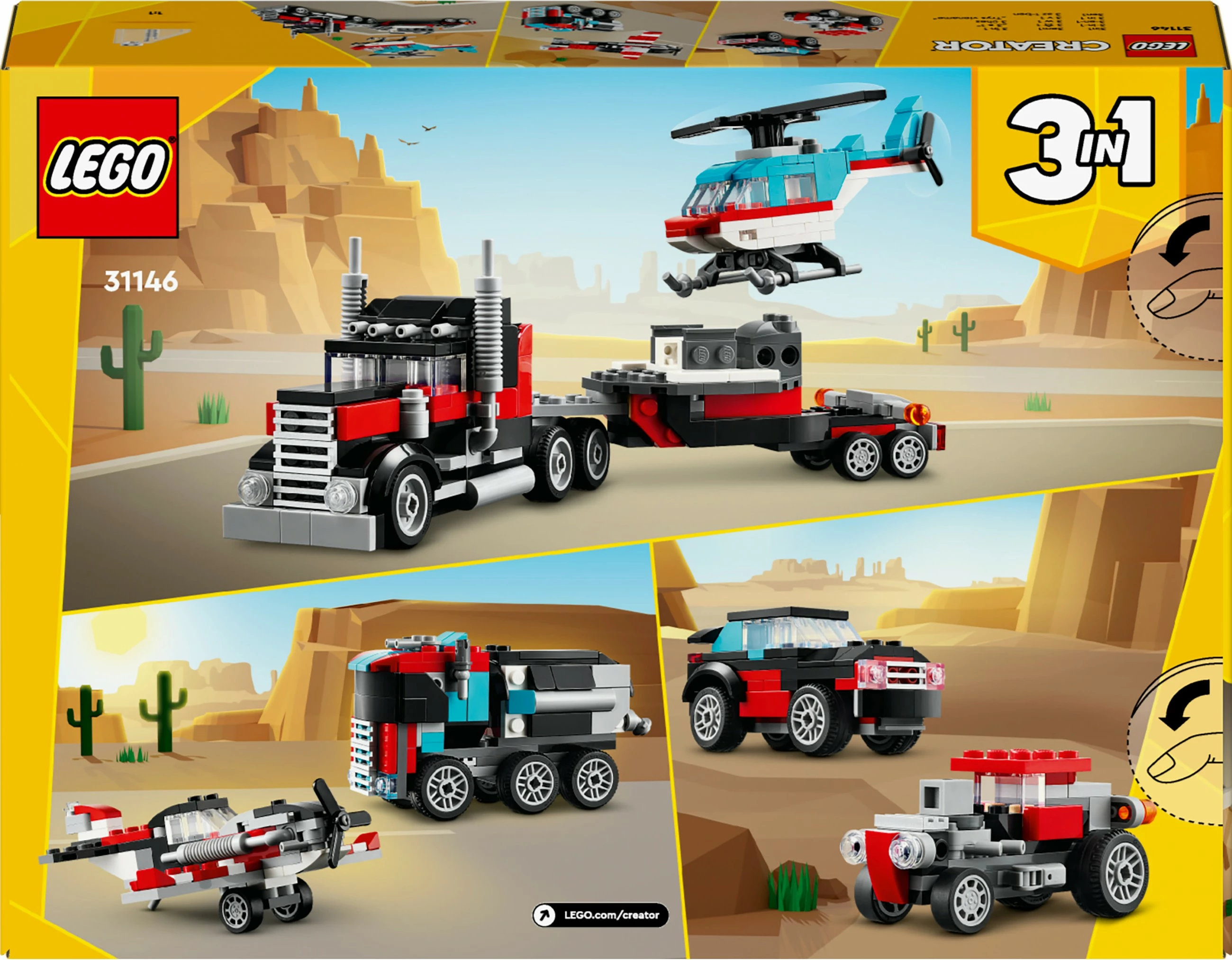 Set za gradnjo LEGO Creator 3 v 1, tovornjak s platformo in helikopter, 270 kosov, večbarven