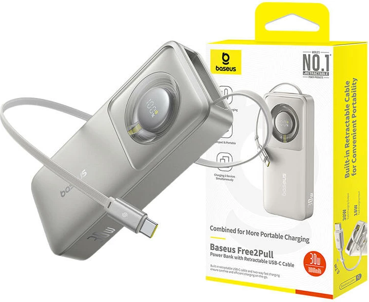 Powerbank 10000 mAh, 30 W z vgrajenim kablom Baseus OS Free2Pull, siva