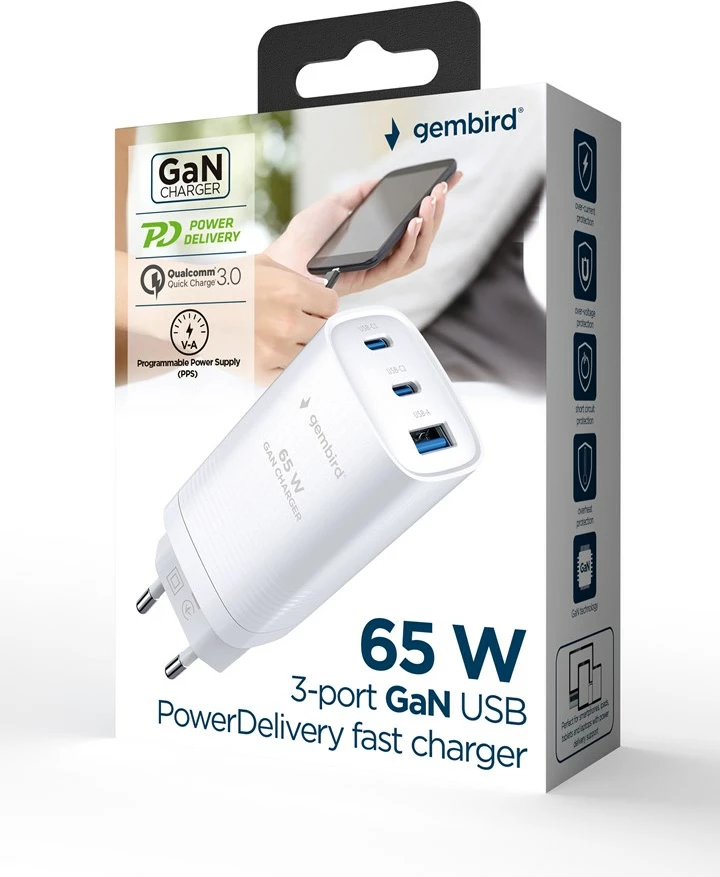 Hitri polnilec GEMBIRD TA-UC-PDQC65-01-W, 65 W, bel