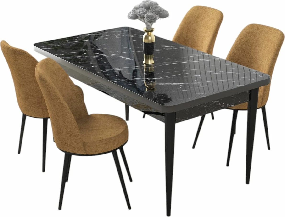 Jedilna miza in stoli, 5-delni set Skye Decor, črn marmor, kapučino