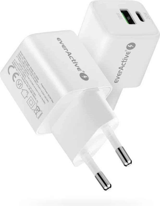 Polnilec GaN, 20 W, 1x USB, 1x USB-C, bel, everActive SC-330Q