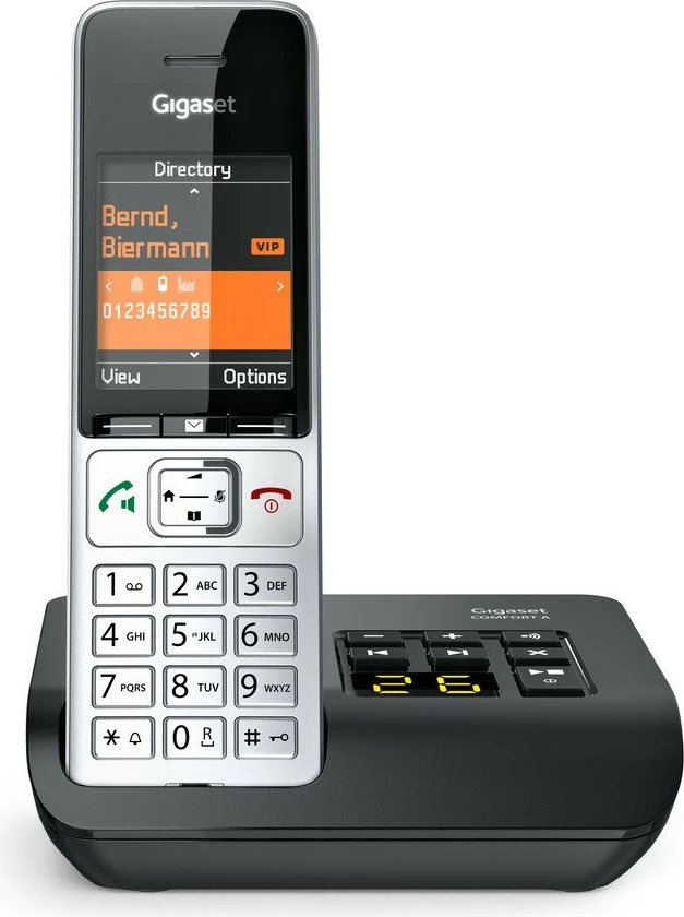 Fiksni telefon Gigaset COMFORT 500A, analogni/DECT, z avtomatskim snemalnikom, barvni zaslon, 200 stikov, črn/srebrn