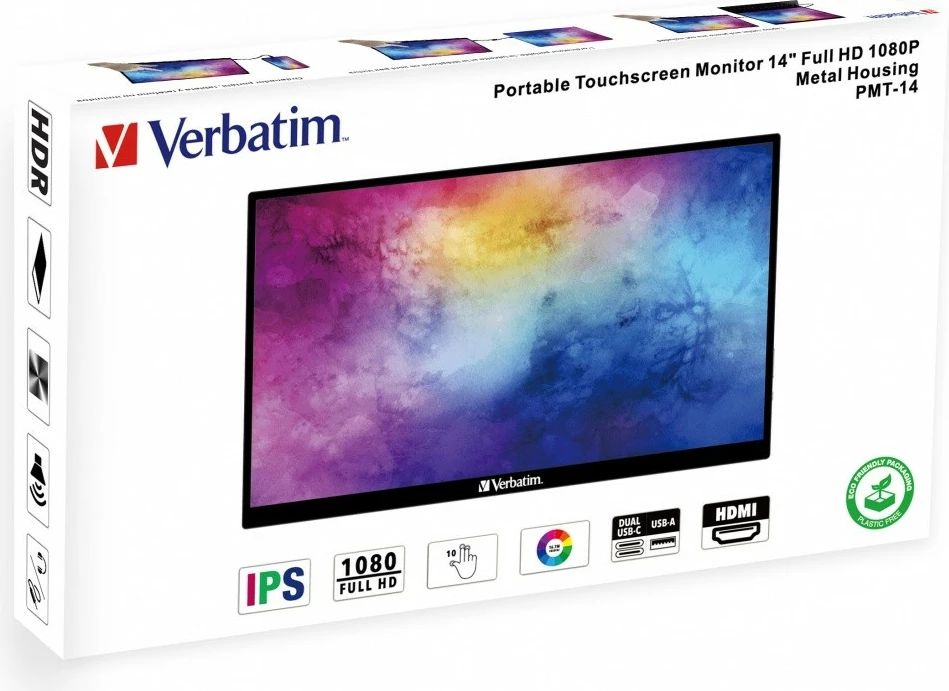 Prenosni zaslon na dotik Verbatim PMT-14, 14" Full HD IPS, 10-točkovni, vgrajeni zvočniki, USB‑C/HDMI, črn