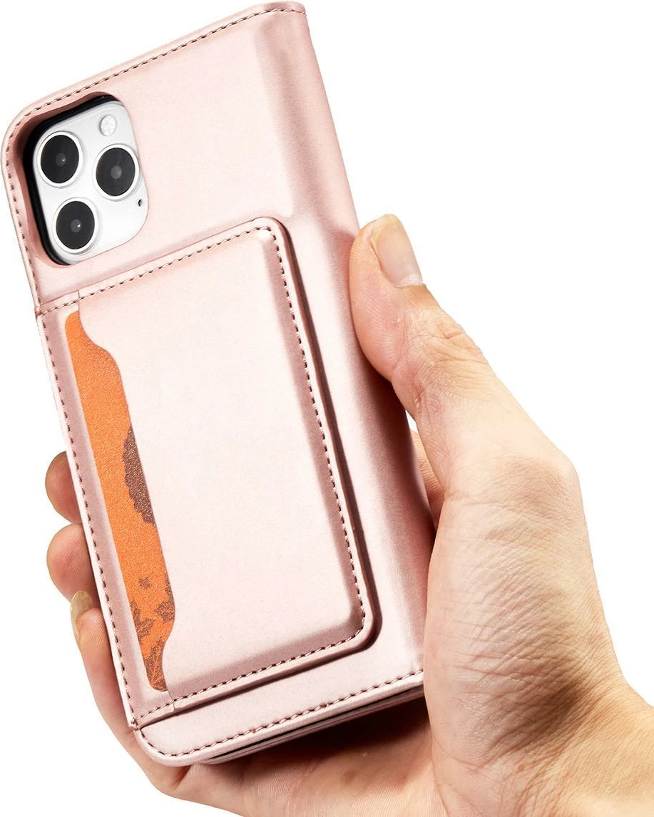 Magnetni ovitek za kartice Hurtel za iPhone 12 Pro, z denarnico in stojalom, rožnat