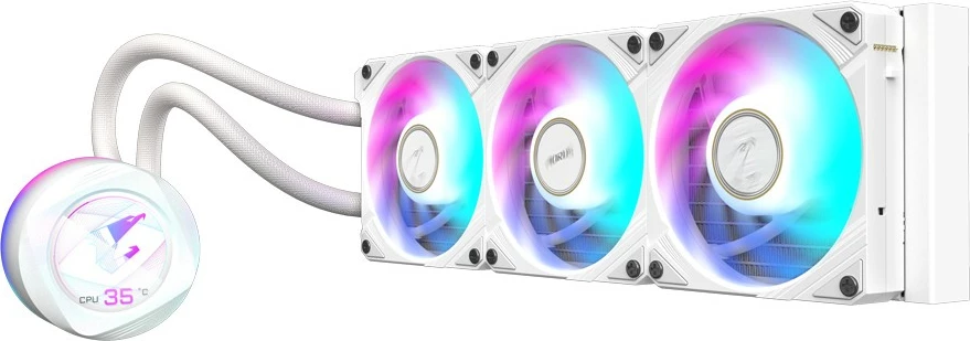 Tekoče hlajenje AORUS WATERFORCE X II 360 ICE, 3x120mm ARGB, LCD, Gigabyte, belo — za Intel LGA 1851 in AMD AM5