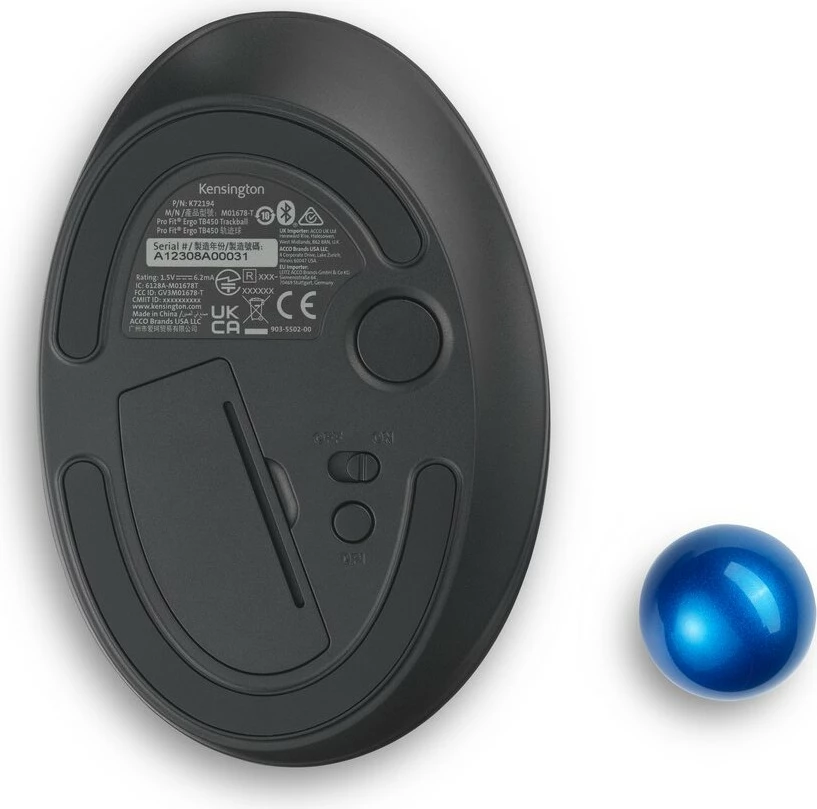 Ergonomski trackball Kensington Pro Fit Ergo TB450, RF Wireless + Bluetooth, 1600 DPI, črn, moder