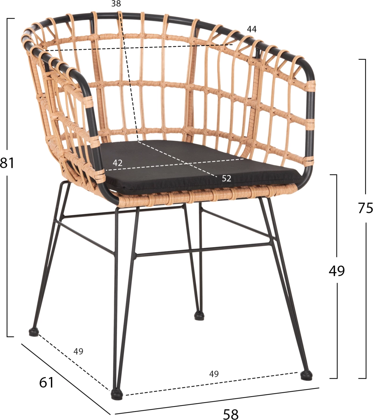 Vrtni naslanjač ALLEGRA FH5456.11 kovina in blazina črna-pletena bež 58x61x81Hcm