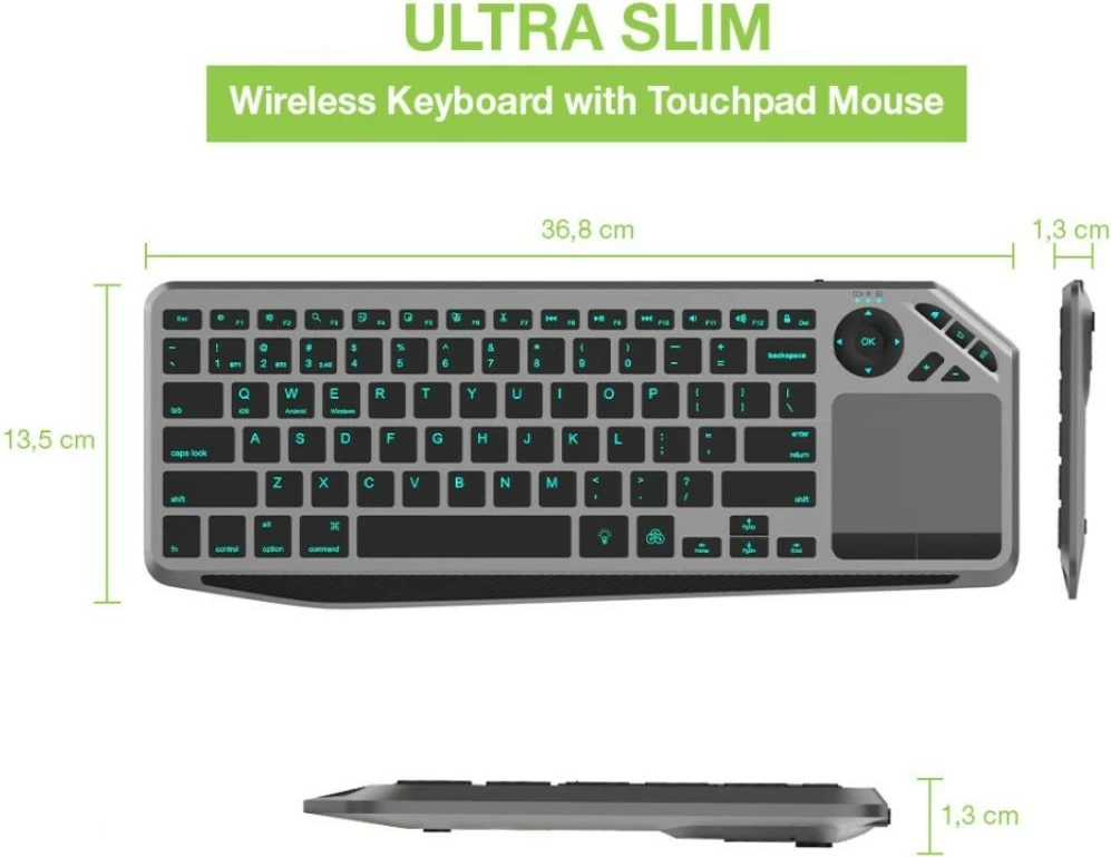 Brezžična tipkovnica s sledilno ploščico, Techly 365375, Bluetooth/2.4 GHz, LED, črna/siva