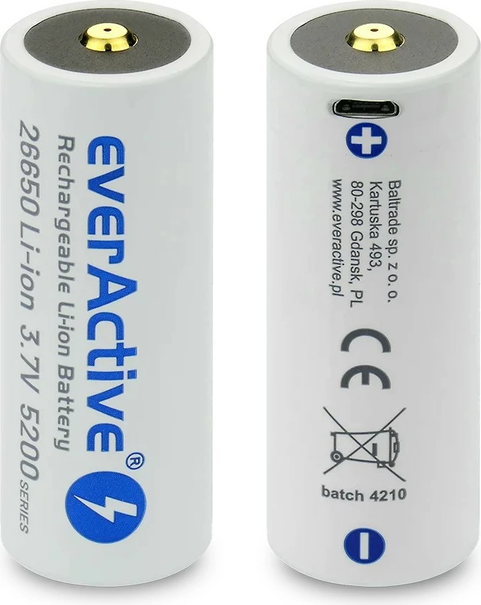 Polnilna Li-ion baterija 26650, 5200 mAh, 3,7 V, z micro USB, everActive